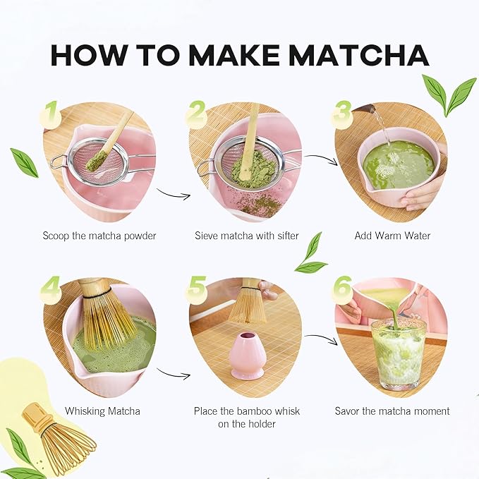 Pink Traditional Matcha Set Whisk and Bowl, 8 Pcs Matcha Making Kit Includes Ceramic Bowl with Spout, Bamboo Whisk, Holder, Scoop, Sifter, Tea Towel Cloth and Mat-Ceremonial Matcha Starter Kit Gift