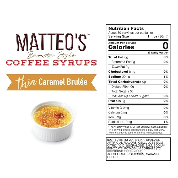 Matteo's Caramel Brulee for Coffee, Lattes, Cappuccinos & Desserts – Sugar-Free Sweetener for Beverages, Keto Friendly, Zero Calories, Indulgent Flavor, Non-Alcoholic,Ideal for Hot Drinks 33.8oz (1pk)