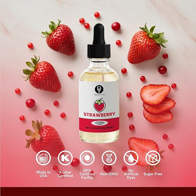 Dolce Flav Strawberry Extract – 2 Ounce Oil-Soluble Kosher, Sugar-Free, Concentrated Berry Flavor for Candy, Chocolates & Desserts, Includes Measured Dropper