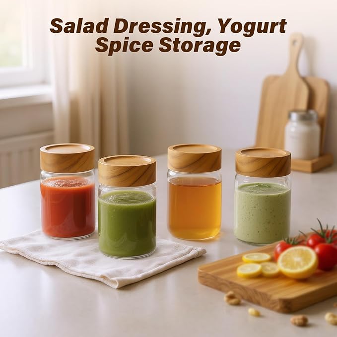 6pc 8oz Glass Mason Jars with Acacia Wood Airtight Lids - Food Storage Container Set, Clear Stackable Leakproof Kitchen Canisters for Meal Prep/Snack Organization/Spice Storage
