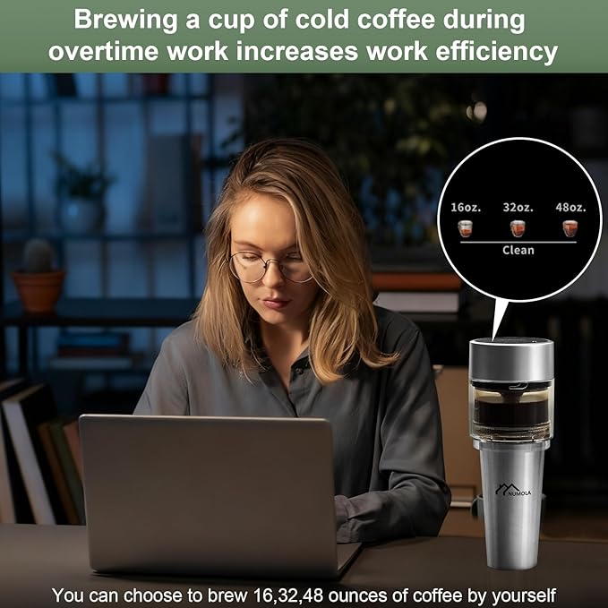 Numola Cold Brew Coffee Maker, 3 Brew Sizes with 16oz Stainless Steel Cup, Vacuum Self-Cleaning Coffee Machine with Removable Coffee Filter for Home Travelling Camping