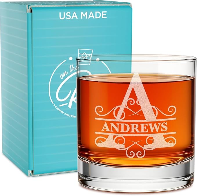 Personalized Whiskey & Bourbon Glass - 11 oz Engraved Name Monogram - Custom Cocktail, Rocks, Brandy Glass by On The Rox Drinks