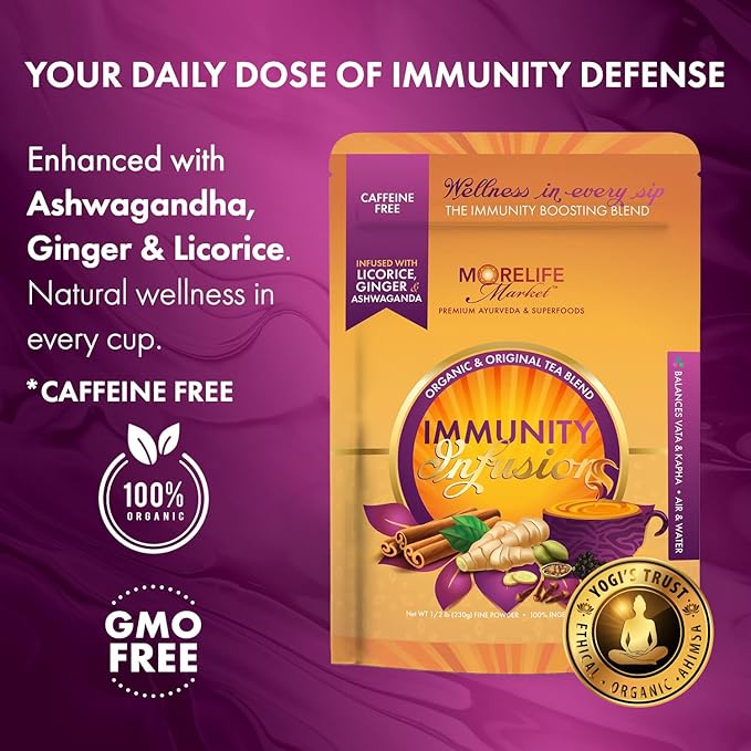 MoreLife Market Immunity Infusion Tea | Organic Ayurvedic Blend with Turmeric, Ashwagandha & Licorice | Family Wellness & Seasonal Support Dried Herbs Tea - 8oz (230g)