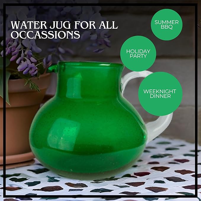 Artland Iris 90 Oz Handblown Glass Pitcher - Bubble Shape, Lead-Free - Versatile Drink Dispenser for Water, Juice, Cocktails - Enhanced Kitchen Decor, Dishwasher Safe (Green)