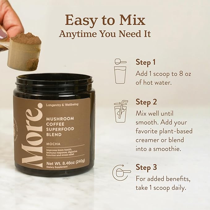 More. Longevity & Wellbeing Premium Mushroom Coffee Superfood – 7 Functional Mushrooms with Lions Mane Supplement, Reishi, Chaga & Ashwagandha Extract, Instant Coffee Alternative with Prebiotics and Essential Vitamins for Focus & Energy, Mocha
