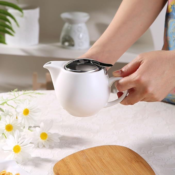 Small Ceramic Teapot With Stainless Steel Infuser For Loose Tea And Blooming Tea, Heat Resistant Ceramic Tea Pot And Tea Kettle, Perfect Tea Maker, White Teapot 350ml/12.0oz