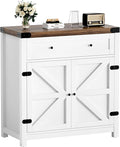 YESHOMY Coffee Bar and Accent Cabinet, Farmhouse Barn Door Buffet Sideboard with Drawer and Adjustable Shelf, Wide Desktop for Kitchen, Dining Room, Bathroom, Entryway, Rustic Brown & White