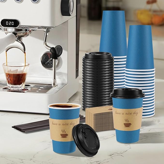 100 Pack 12 oz Coffee Cups with Lids, Disposable To Go Paper Coffee Cups with Sleeves and Stirring Sticks for Hot/Cold Drinks Office Home Shop Event (Navy)