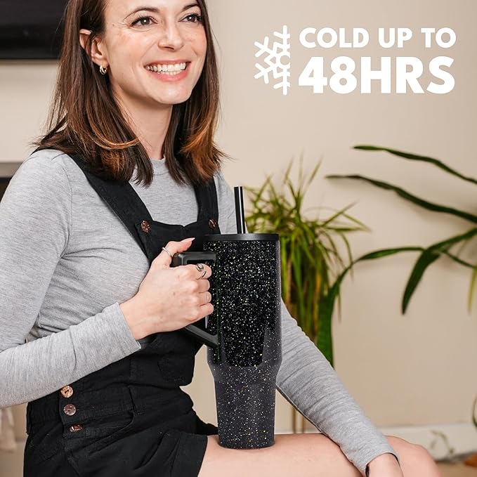 Elemental 40 oz Tumbler with Handle and Straw - Spill Proof Insulated Stainless Steel Commuter for Hot and Cold Beverages - Travel Coffee Mug with 2 Straws & Spill Proof Lid - 40oz - Black Speckle