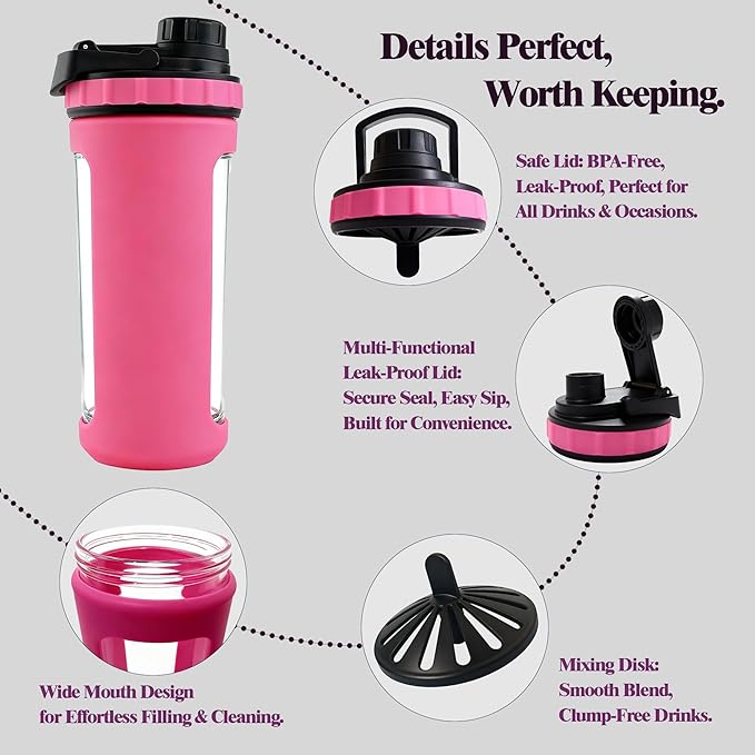 Glass Shaker Cup Odorless BPA Free– Glass Shaker Bottle for Protein 26oz Durable Borosilicate Glass, Leak-Proof & BPA-Free – Ideal for Creamy Protein Shakes, Smoothies & Workout Drinks (Pink)