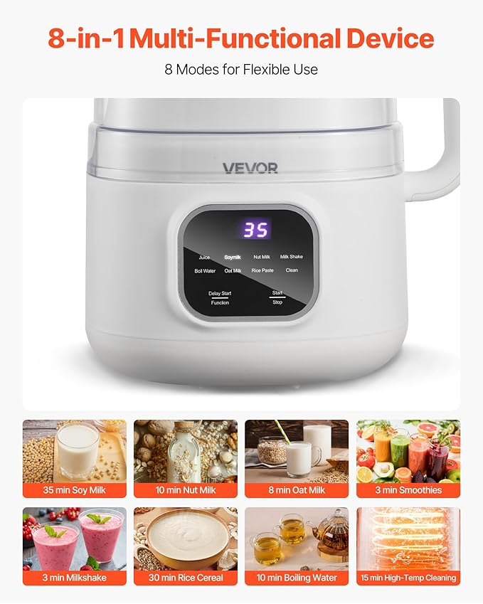VEVOR 8-in-1 Nut Milk Maker, 34 oz Soy Milk Maker with Soundproof Cover for Homemade Oat, Nut, Soy, Juice, Milkshake, Rice Cereal, Plant-Based Beverages with Self-Cleaning, Boil Water, 12-Hour Delay