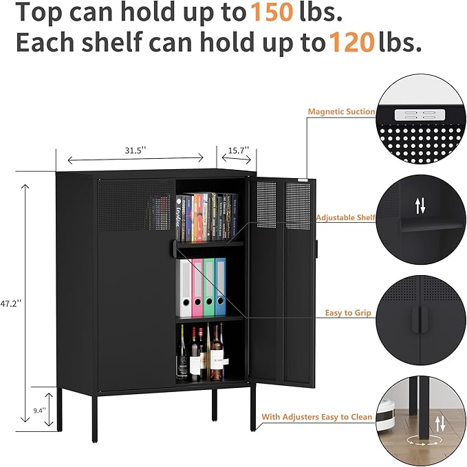 Metal Storage Cabinet,Kitchen Pantry Storage Cabinets with Doors,Buffet Cabinet with 2 Adjustable Shelves,Black Pantry Cabinets,Steel Sideboard for Home,Shoes,Office,Dining Room