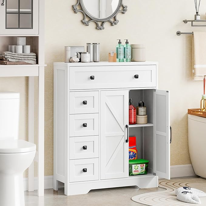 Vabches Farmhouse Storage Cabinet with 2 Doors and 5 Drawers, Freestanding Bathroom Cabinets Kitchen Pantry, Floor Storage Cabinet Hutch Cupboard for Living Room/Bathroom/Kitchen.White