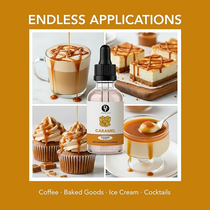 Dolce Flav Natural Caramel Extract - 2 Ounce Water-Soluble Multipurpose Flavoring Ideal for Baked Goods, Beverages, Coffee, Desserts & Ice Cream - Perfect Kitchen Gift for Holidays