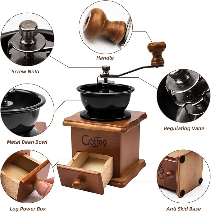 Manual Coffee Grinder, Vintage Wooden Mini Portable Hand Crank with Ceramic Burr, Coffee Grinder Manual Adjustable Coarseness Setting for Espresso French Press Drip Coffee, Antique Display Gift