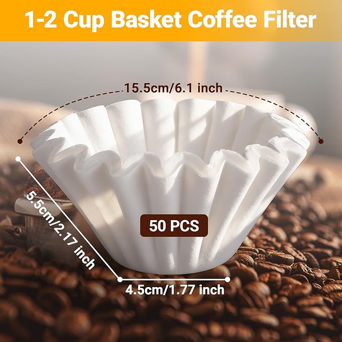 Segarty Disposable Basket Coffee Paper Filters Small Size, 50 Count 1-2 Cup White Paper Pour Over Maker Basket Dripper for Home and Office Use, Ideal Coffee Bar Pot Accessory for Most Brewer Machines