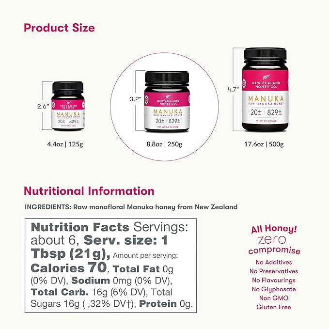 New Zealand Honey Co. Raw Manuka Honey UMF 20+ / MGO 829+ | UMF Certified Raw Medical Grade Honey | 8.8oz