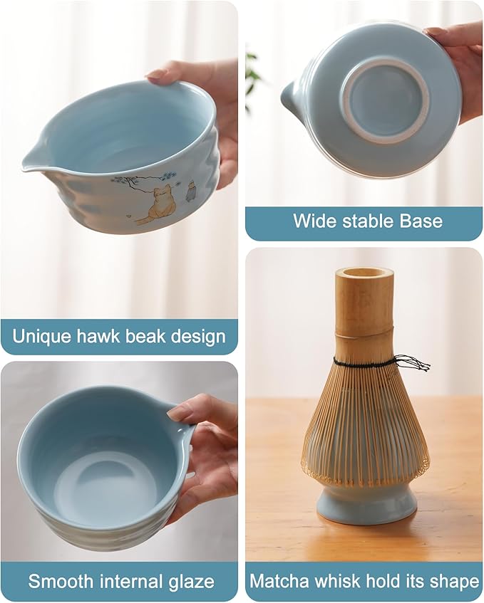Matcha Whisk Set, Japanese Matcha Kit Set 7-Pcs with Matcha Bowl (Chawan), Matcha Whisk and Holder, Bamboo Scoop, Scoop Rest, Sifter and Tea Towel - Authentic Tea Ceremony Tools for Tea Lovers(Blue)