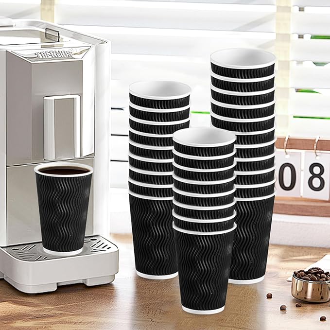 Lamosi Disposable Coffee Cups 16 OZ 500 Pack, Paper Coffee Cups 16 OZ for Hot Drinks or Cold Beverages, Insulated Corrugated Ripple Wall Cup No Lids for Office, Cafe, Home or Travel (Black)