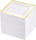 bUCLA 100PCS Gold Square Plastic Plates - 6inch Disposable Dessert/Cake Plates - Premium Hard Square Small Appetizer Plates for Wedding&Party
