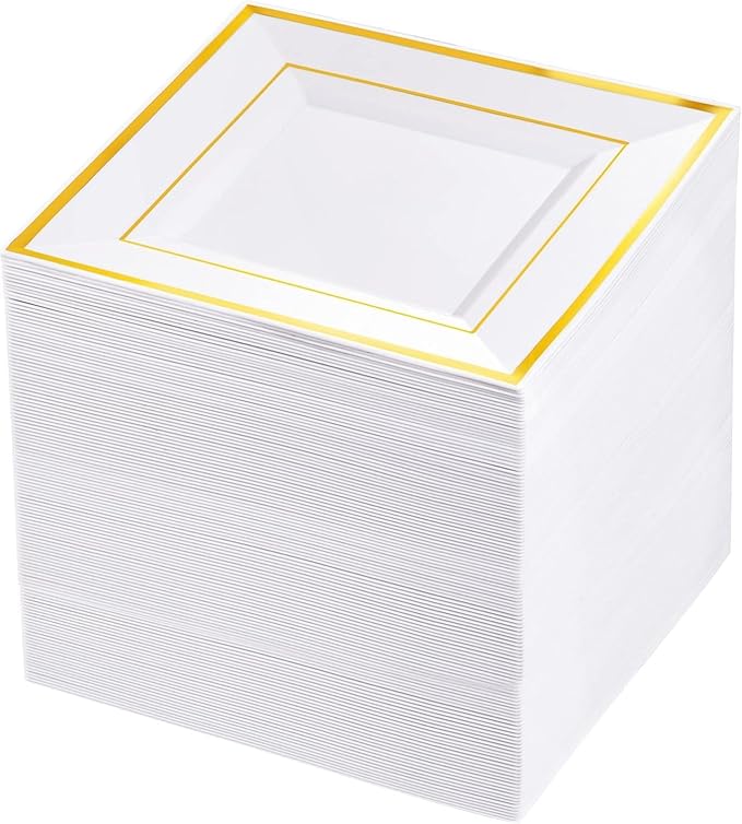bUCLA 100PCS Gold Square Plastic Plates - 6inch Disposable Dessert/Cake Plates - Premium Hard Square Small Appetizer Plates for Wedding&Party