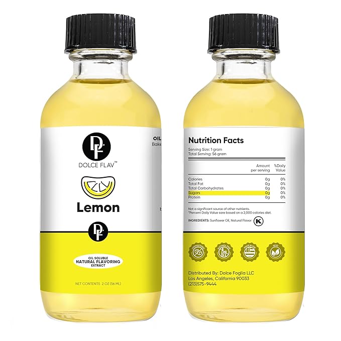 Lemon Flavor Concentrate for Food & Cosmetics – 2 Oz. Multipurpose Lemon Flavouring Oil for Lip Gloss, Pastries, & Candies in Glass Bottle – Confection & Candy Flavoring Oils by Dolce Foglia (Keto)