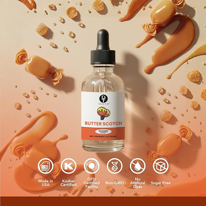 Dolce Flav Natural Butterscotch Extract 2 oz – Kosher, Sugar-Free, Concentrated Rich Butterscotch Flavoring for Baking, Beverages & Desserts, Includes Measured Dropper