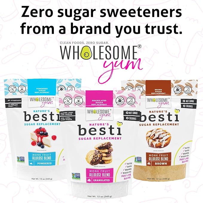 Wholesome Yum Besti Natural Brown Sugar Substitute - Keto Brown Monk Fruit Sweetener Blend With Allulose (No Erythritol) - Non GMO, Zero Carb, Zero Calorie, Sugar Free, No Aftertaste (12 oz)