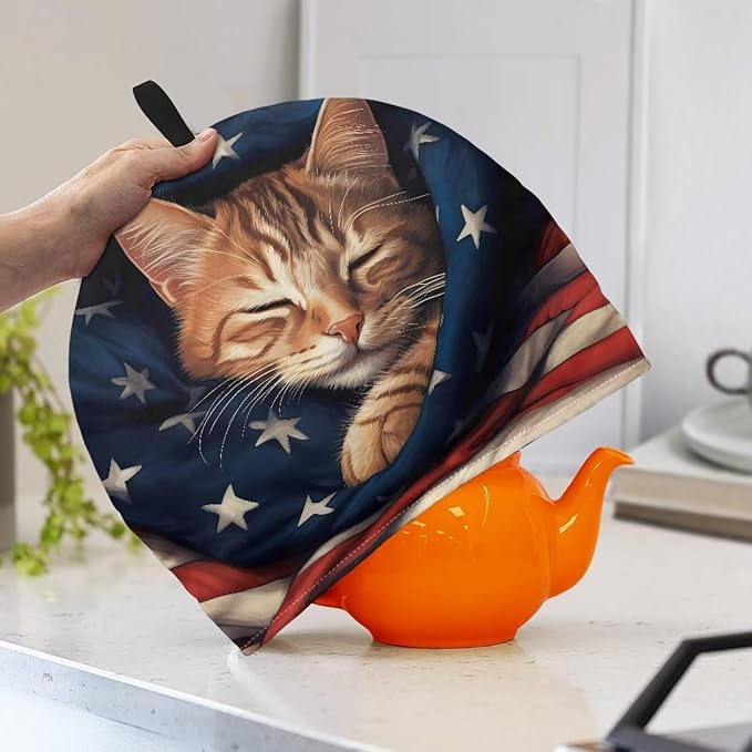 Cat Tea Cozy for Teapot Insulated Keep Warm Tea Pot Cozy USA Patriotic Design Teapot Dust Protector Designed in England Gift to Wife