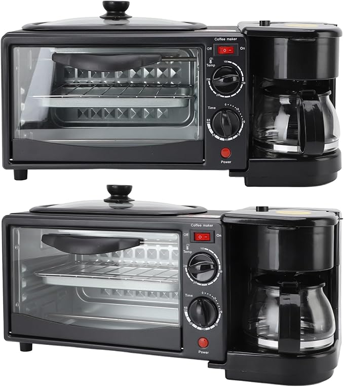 3-in-1 Breakfast Station with Coffee Maker, 4-Slice Toaster Oven, Non-Stick Griddle, 110V