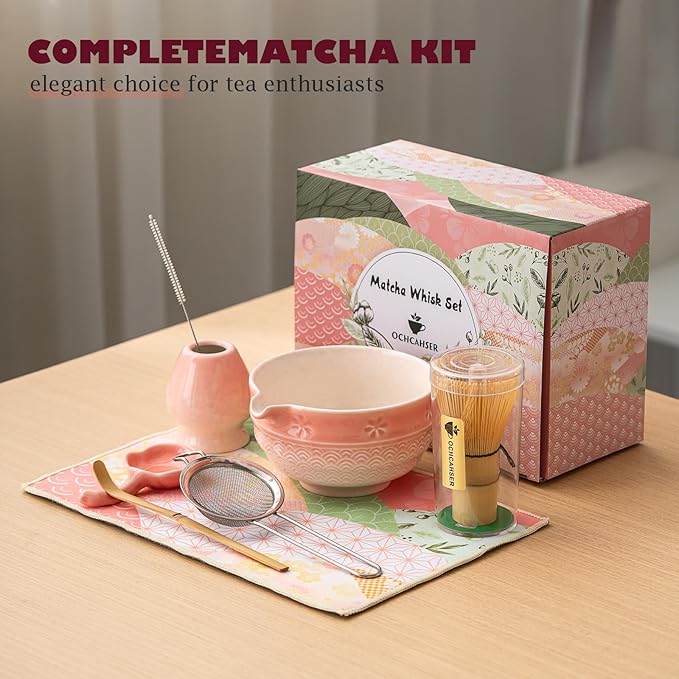 Matcha Tea Set, 8 Pcs Japanese Matcha Kit with Cherry Blossom and Wave Design Ceramic Bowl, Bamboo Whisk, Whisk Holder, Scoop, Sifter, Brush, Matcha Kit Set for Matcha Lovers (Pink Gradient)
