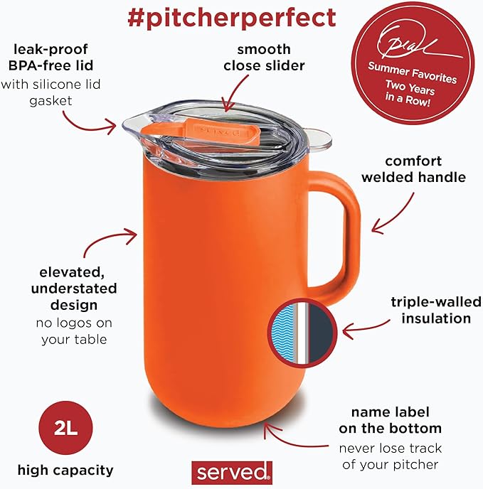 Served Premium Insulated Pitcher (2L/66oz) - Double Walled, Copper Lined Stainless Steel Pitcher with Lid - Vacuum Insulated Carafe for Hot Coffee, Tea, Iced Drinks, Water, Cocktails, and More