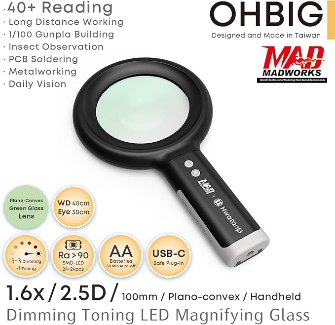 HWATANG OHBIG x MADWORKS 1.6X/2.5D/100mm Dimming Toning LED Magnifying Glass - Green Glass Lens, Daily Vision, Insect Observation, Soldering, Ra 94 Ring Light, 40+ Reading Magnifier (Handheld)