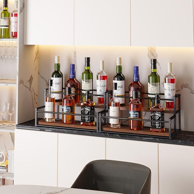 THYGIFTREE 2 Pack Liquor Bottle Display Shelf 2 Tier Rack Holder Bar Shelf Stand for Wine Whiskey Risers Organizer Kitchen Countertop