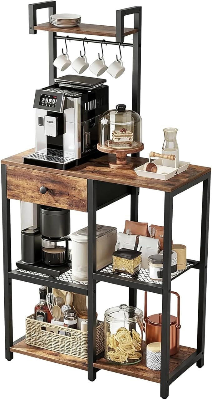 Kitchen Bakers Rack,Microwave Stand with Storage,Adjustable 6 Tier Coffee Bar Staion,Free Standing Bakers Rack with Drawer and Hooks,Kitchen Appliance Storage Shelf for Spices,Pots