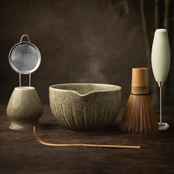 Matcha Whisk Set with Matcha Bowl - Matcha Set Included Electric Frother, Bamboo Whisk, Matcha Spoon, Bamboo Holder, Sifter, Spoon Stand (Mottled Green)