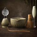 Matcha Whisk Set with Matcha Bowl - Matcha Set Included Electric Frother, Bamboo Whisk, Matcha Spoon, Bamboo Holder, Sifter, Spoon Stand (Mottled Green)