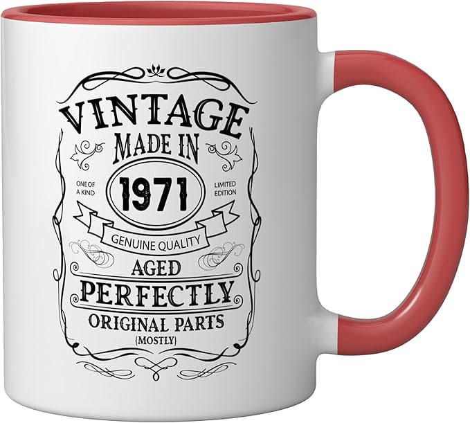 54th birthday, retro Vintage Design, man, woman 1971 Ceramic Mug, Red/White