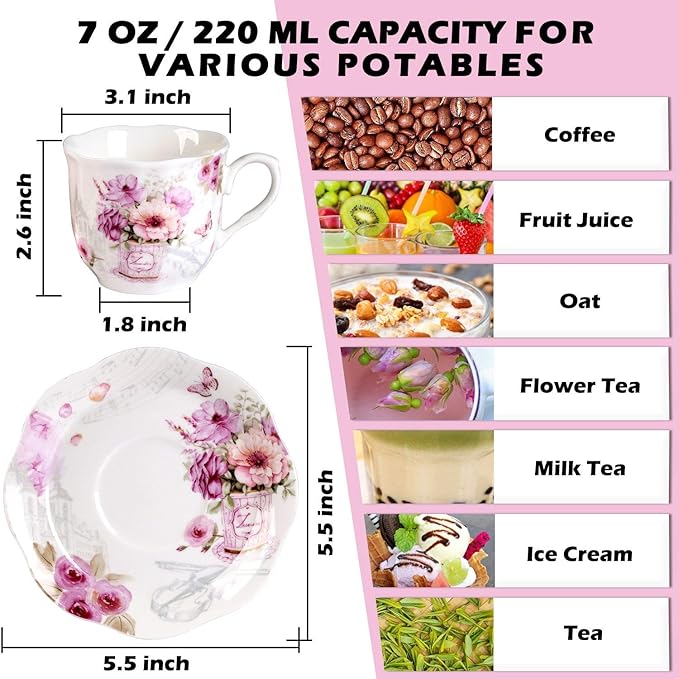 GuangYang 7 oz Porcelain Tea Cups and Saucers set of 6,Purple Fancy Floral Pattern (Perfect for Cappuccino, Flat white Coffee, Americano, Hot Tea, or Desserts)