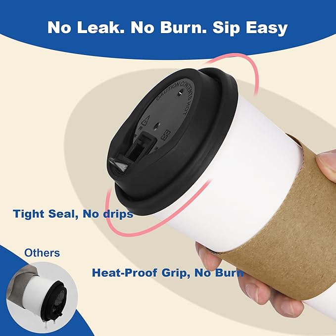 20 oz 100 Pack Coffee Cups with Lids and Sleeves, Straws, Hot Disposable To Go Travel Paper Cups Bulk for Office, Home Coffee Bar Accessories, Chocolate, Cocoa, Beverage (White)