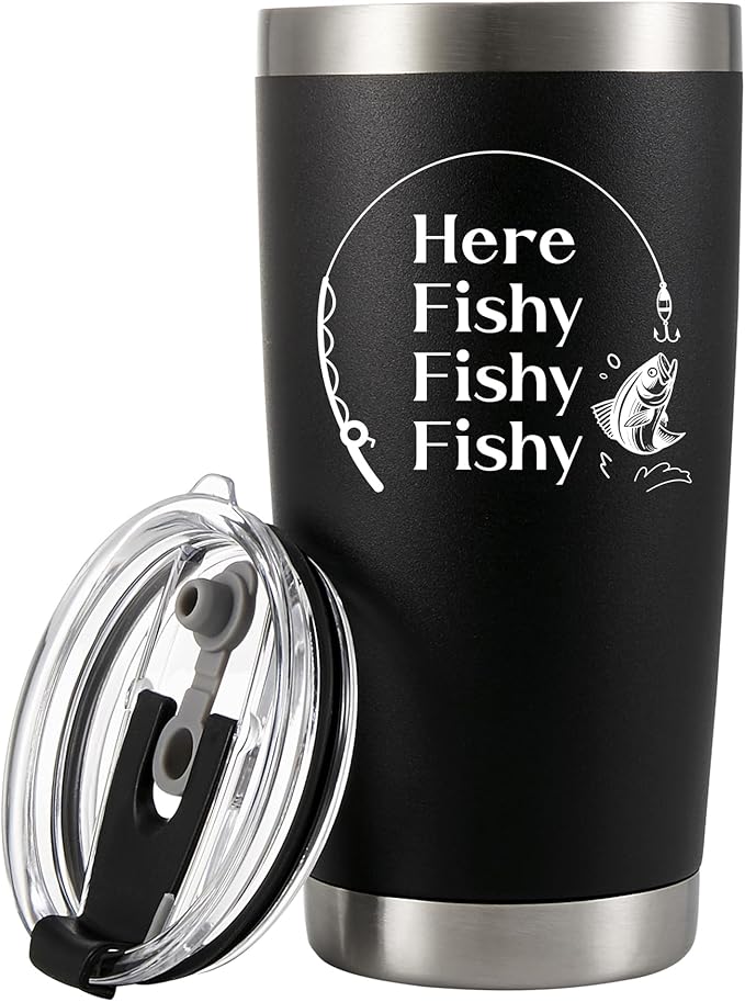 Panvola Here Fishy Fishy Fishy Fisherman Tumblers Fishing Gifts To Husband Dad Grandpa Boyfriend Vacuum Insulated Tumbler 20 oz