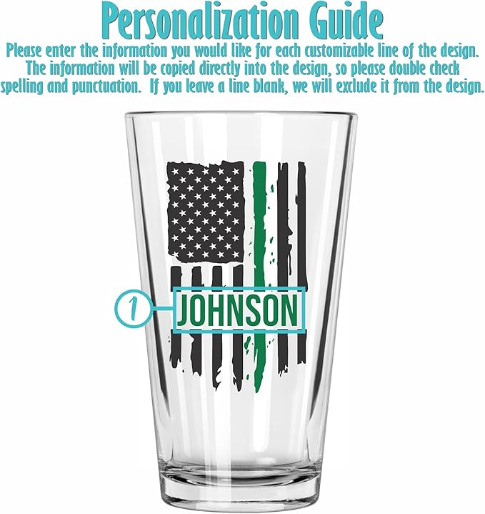 Blue Ridge Mountain Gifts - Thin Green Line Pint Glass - Personalized Military Gift, Border Patrol Appreciation, Green Line Merch, Veteran Gift, Custom Barware, Special Forces Beer Glass
