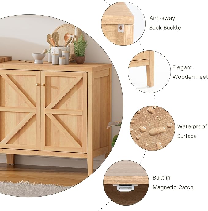 Wood Sideboard Buffet Cabinet with Doors - Farmhouse Kitchen Storage Cabinet, Coffee Bar Console Table with Adjustable Shelves, Buffet Table for Living Room, Hallway (Natural Oak, 1 PC)