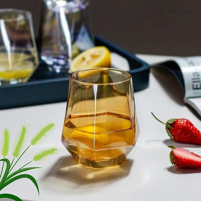 Wine Glasses Set Of 4,Stemless Diamond Shape 10 Oz Amber Christmas Glassware Dishwasher Safe, Spill-Proof Design For Red Wine, Cocktail, Whiskey, Bourbon, for Wine Lovers (Amber)