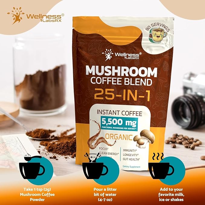 Mushroom Coffee Organic Instant Coffee, 25-in-1, Third-Party Tested Keto Friendly Lions Mane Supplement with Functional Mushrooms – Shiitake, Reishi, Lion’s Mane & More | Smooth, Rich Flavor - 90 Servings (Pack of 2)