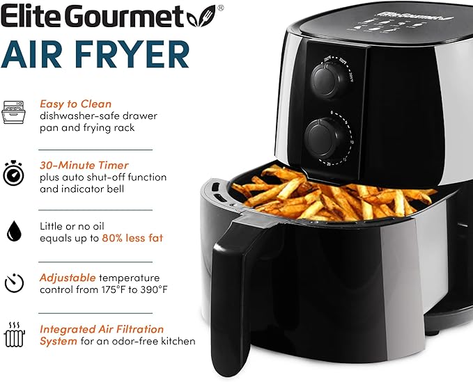 Elite Gourmet EAF4617 Electric Digital Hot Air Fryer, 1350Watts, Oil-Less Healthy Cooker, Timer & Temperature Controls, 4 Quart, Black
