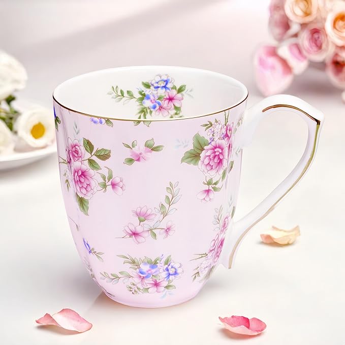 13oz Bone China Floral Mug with Gold Bone China Coffee Mugs Bone Teacup Christmas Mugs Birthday Gifts for Women Mom Friends Coworker