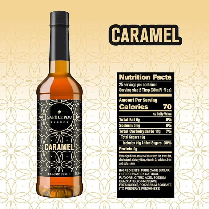 NEW Café Le Rou Caramel Coffee Syrup 25.4 oz Cafe Syrup (Caramel, 2-pack)*Includes 2 Coffee Syrup Dispensers*Flavoring Syrup for Coffee, Tea and Espresso