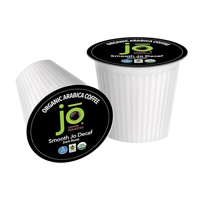 SMOOTH JO DECAF: 4 Cups Sampler, Organic Dark French Roast, Swiss Water Process Coffee for Keurig K-Cup Compatible Brewers, Fresh Seal Cups, Rich Creamy, Fair Trade Certified, Non-GMO, Gluten Free