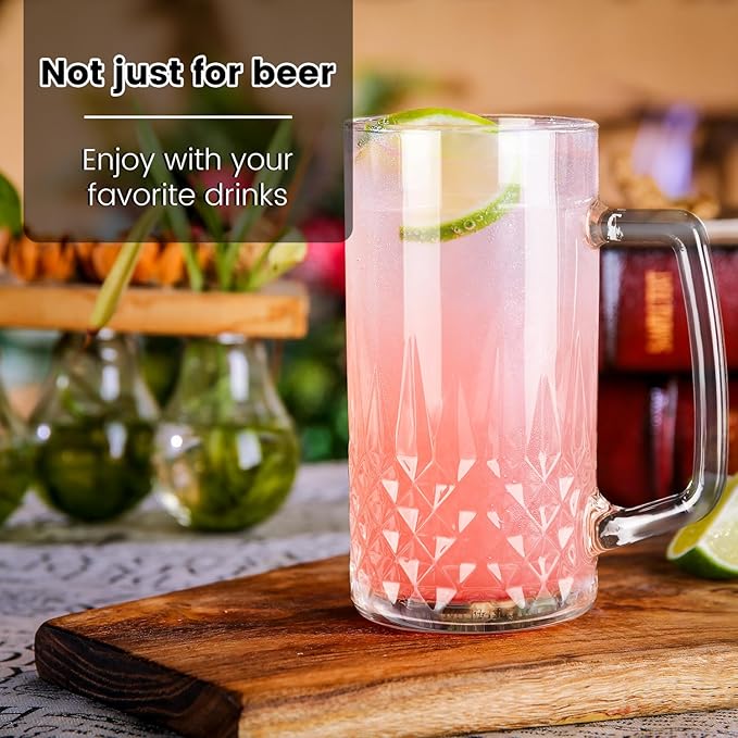 Beer Mugs For Freezer, 20 oz Large Heavy Glass Mugs with Handles Set of 2, Clear Large Beer Steins for Tea, Coffee, Lead-Free Glasses Oktoberfest Style, Best Gifts for Dad Husband or Friend